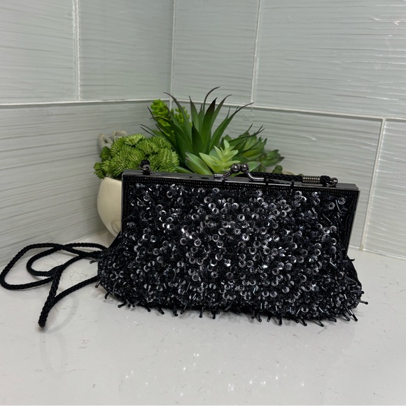 Vintage Lancôme Black Beaded Evening Bag Sequin Clutch Braided Strap Formal - Picture 2 of 10